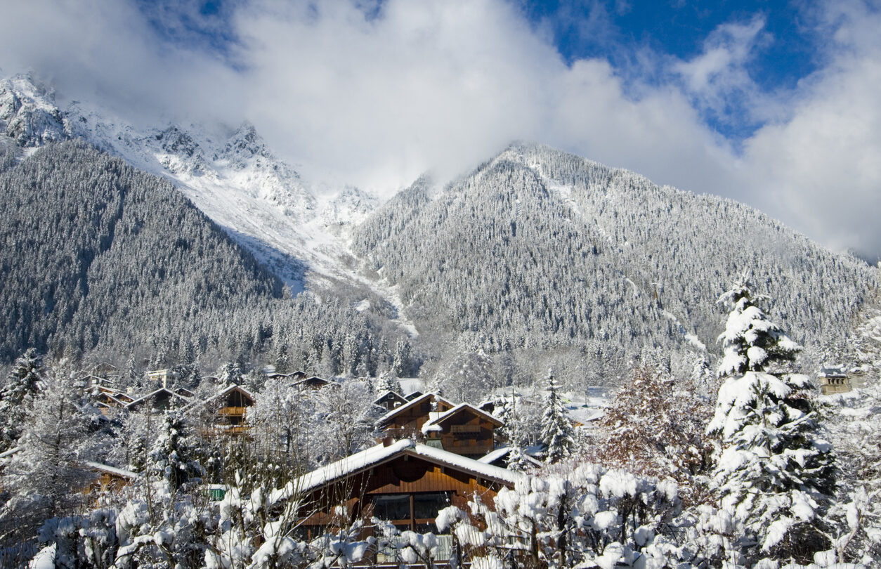 Traditional wooden Alpine houses seen at Brevent-Fleger ski resort, France.