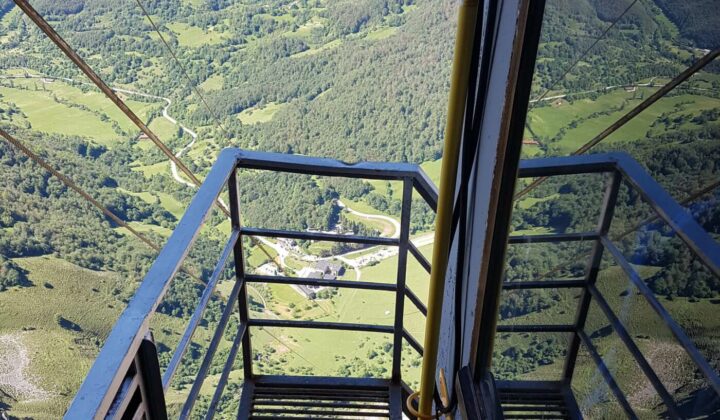 View of the valley and mountains from the cable car in Fuente De